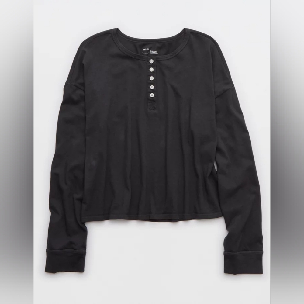 Aerie Cotton Henley Long Sleeve Shirt Large - NWT - Smoked Gray - Picture 3 of 10